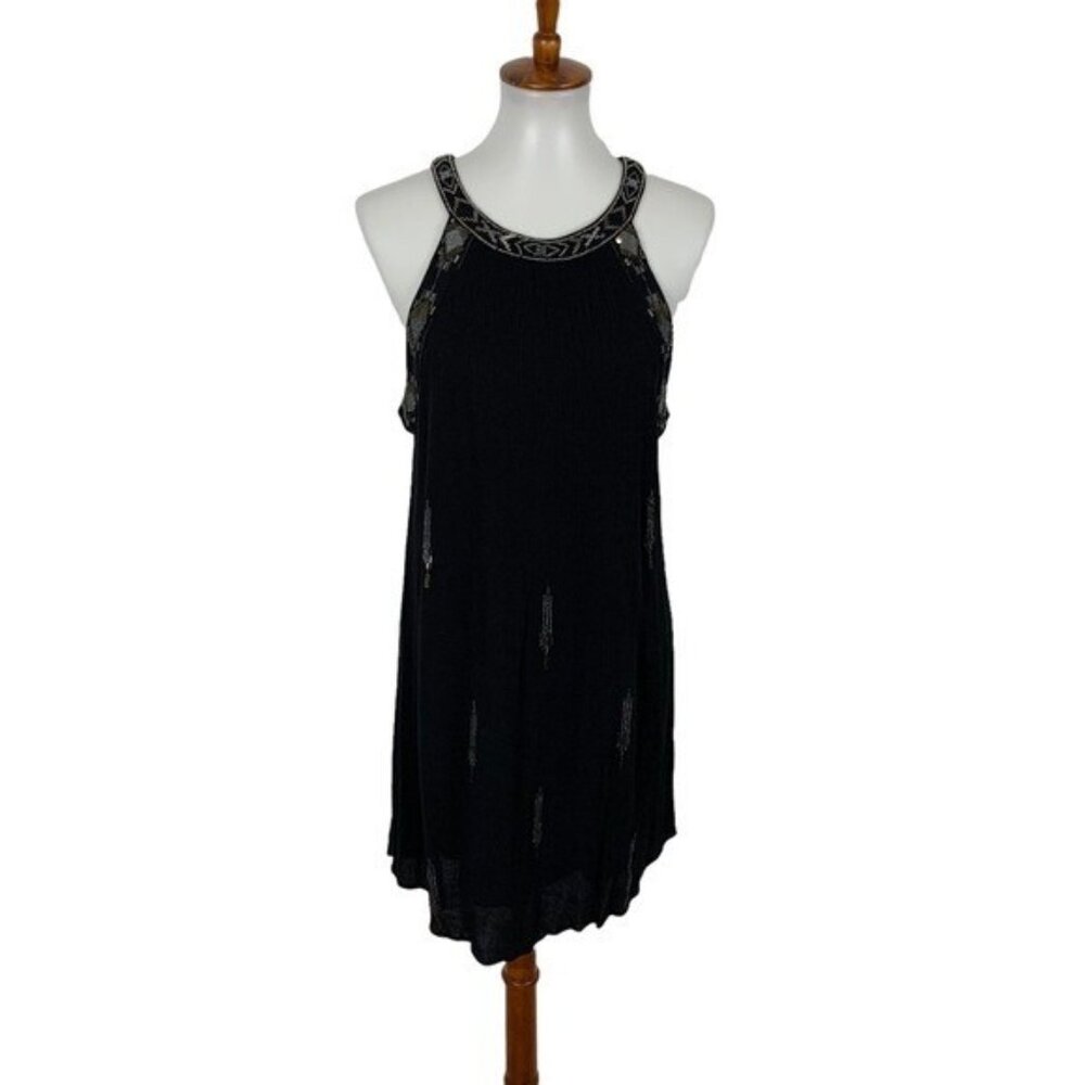Pixley Black Beaded Sleeveless Shift Dress Medium Boho Party Cocktail Chic